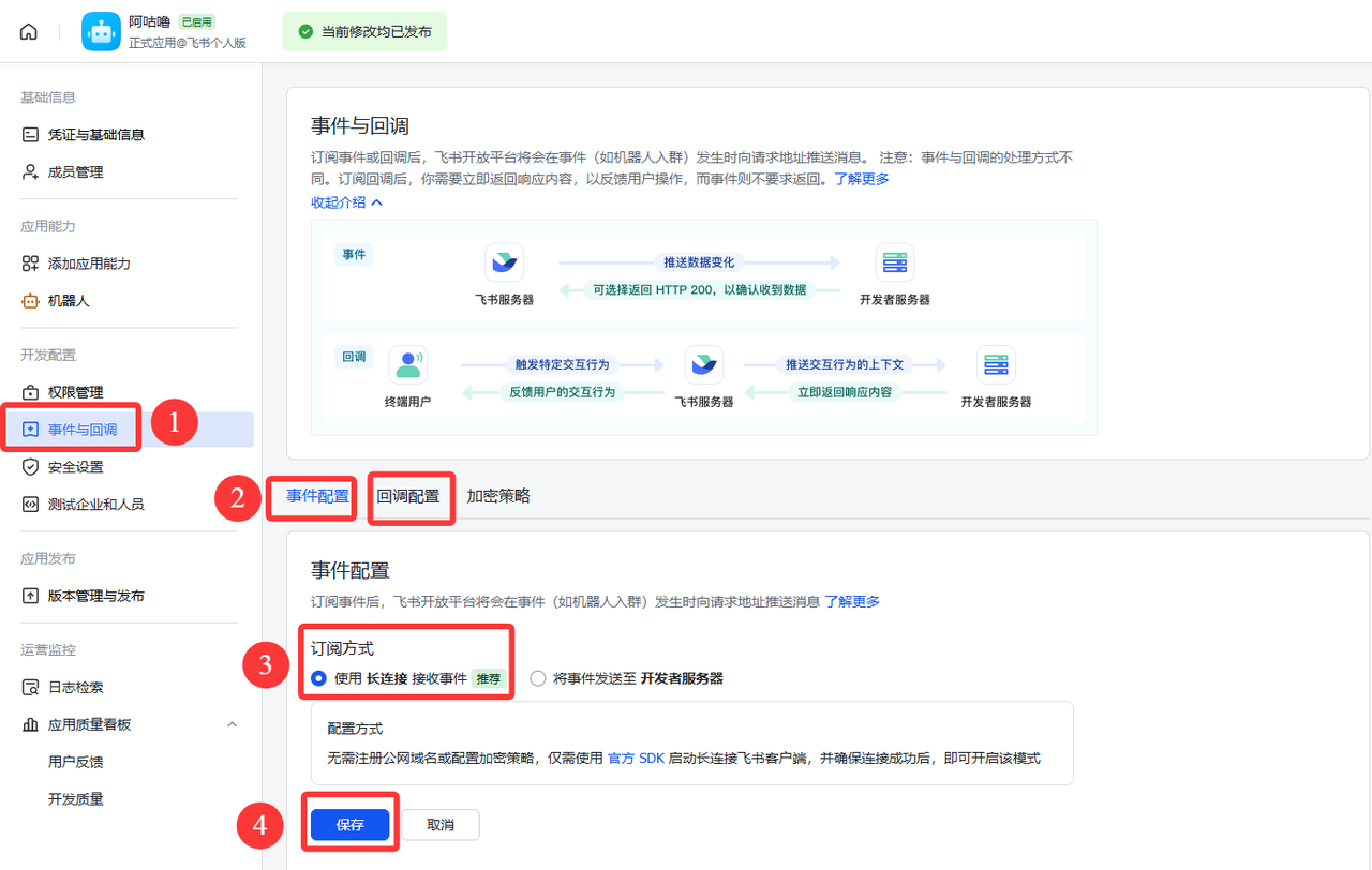 图片展示了飞书开放平台中事件与回调的配置界面。左侧为平台导航栏，选中“事件与回调”。右侧上方有事件与回调的介绍，下方是事件配置区域，有“使用长连接接收事件”和“将事件发送至开发服务器”两个选项，当前选中前者。下方还有配置方式说明。图片中红色数字标注了关键步骤：1为导航栏中“事件与回调”位置；2为事件配置区域；3为“使用长连接接收事件”选项；4为“保存”按钮。该图与文档中配置事件与回调的步骤6内容对应，直观呈现了操作界面。