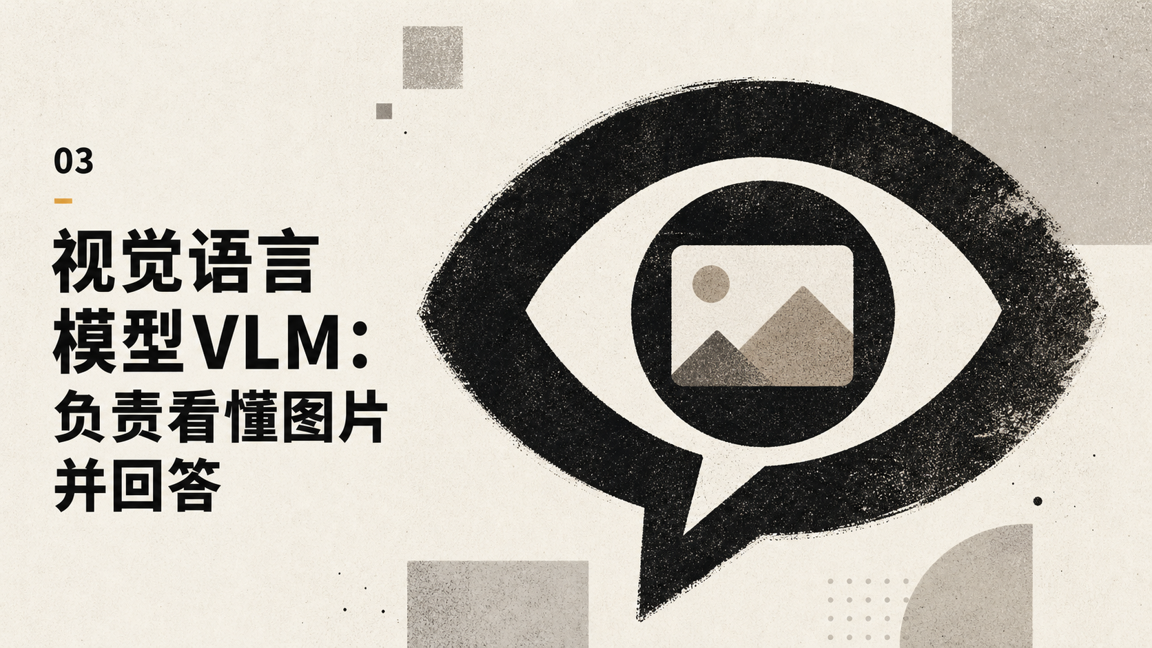 图片以“视觉语言模型VLM：负责看懂图片并回答”为主题，左侧文字标注“03”，右侧是一只眼睛的图案，眼睛内有对话框，对话框中显示一张山的图片。该图片与文档中介绍视觉语言模型VLM的内容相关，VLM是负责看懂图片并回答的模型，图片直观呈现了VLM的功能，与上下文对VLM的描述相呼应。